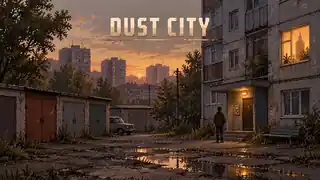 Dust City — пыльный двор у многоквартирного дома на закате в пиксельной графике